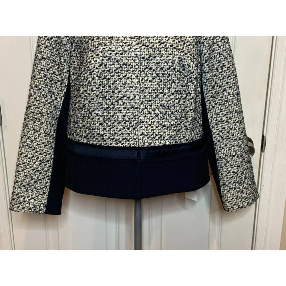 Tory Burch Lucille Metallic Tweed White & Navy Blue Wool Jacket, Size 14